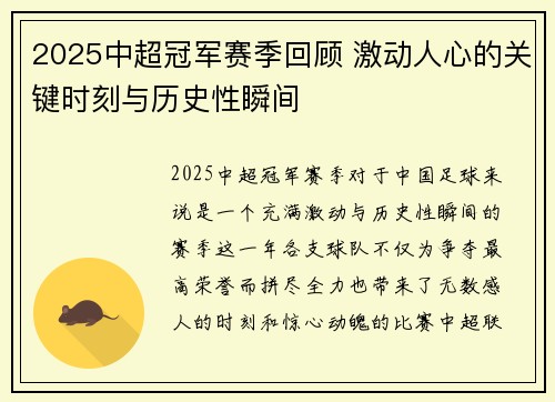 2025中超冠军赛季回顾 激动人心的关键时刻与历史性瞬间