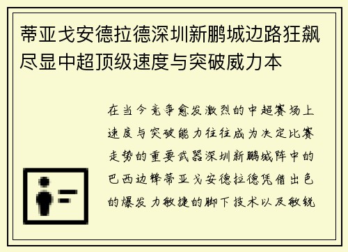 蒂亚戈安德拉德深圳新鹏城边路狂飙尽显中超顶级速度与突破威力本
